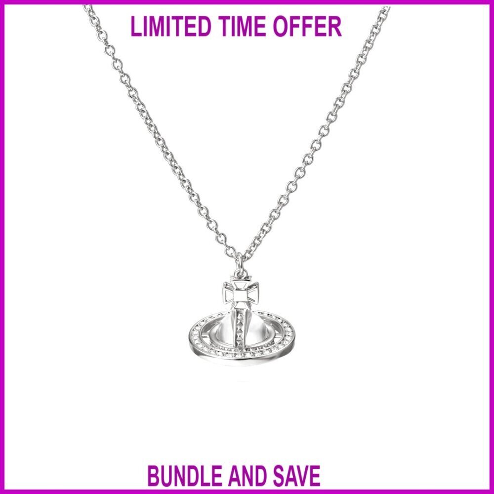 3D Saturn Pendant Necklace with Glass Bead, 15.75 Inch Chain, Silver-Plated